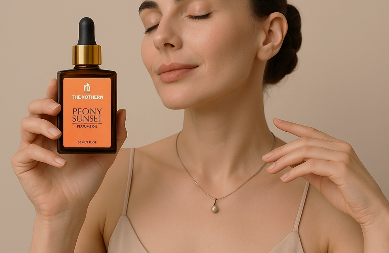 stock image of woman holding perfume bottle with eyes closed