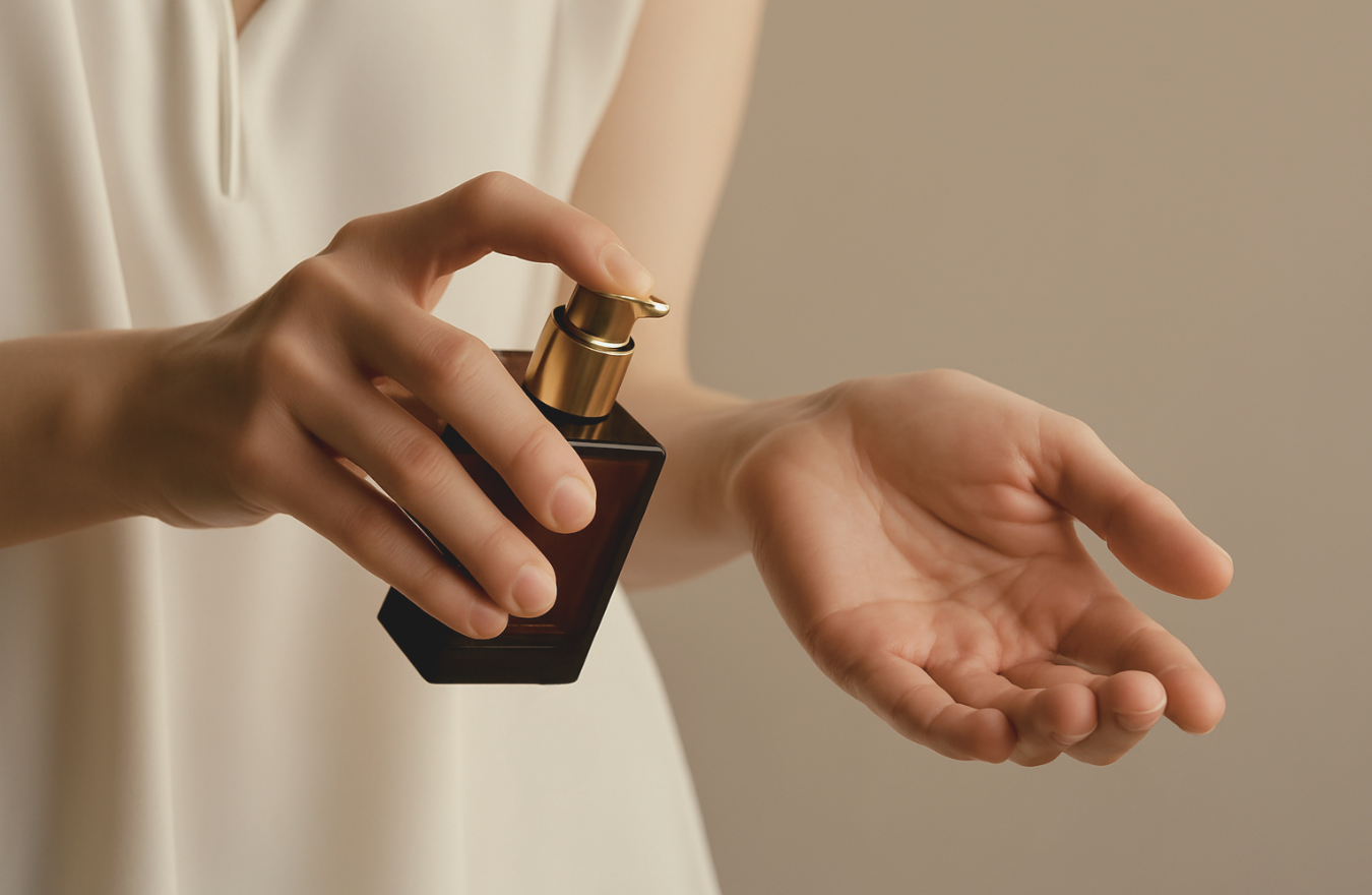 Stock image of woman spraying perfume on wrist