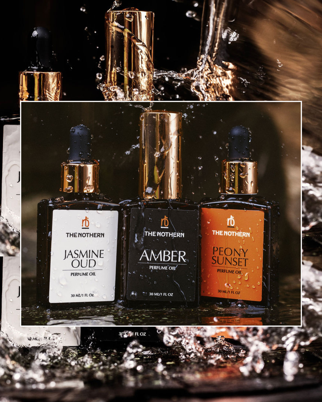 Three perfume bottles labeled 'Jasmine Oud', 'Amber', and 'Peony Sunset' by 'The Northern' on a dark background | photo credit @swatkasham_photoimagery