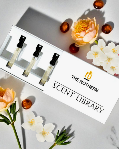 The Northern Scent Library perfume sample set with flowers on a light background