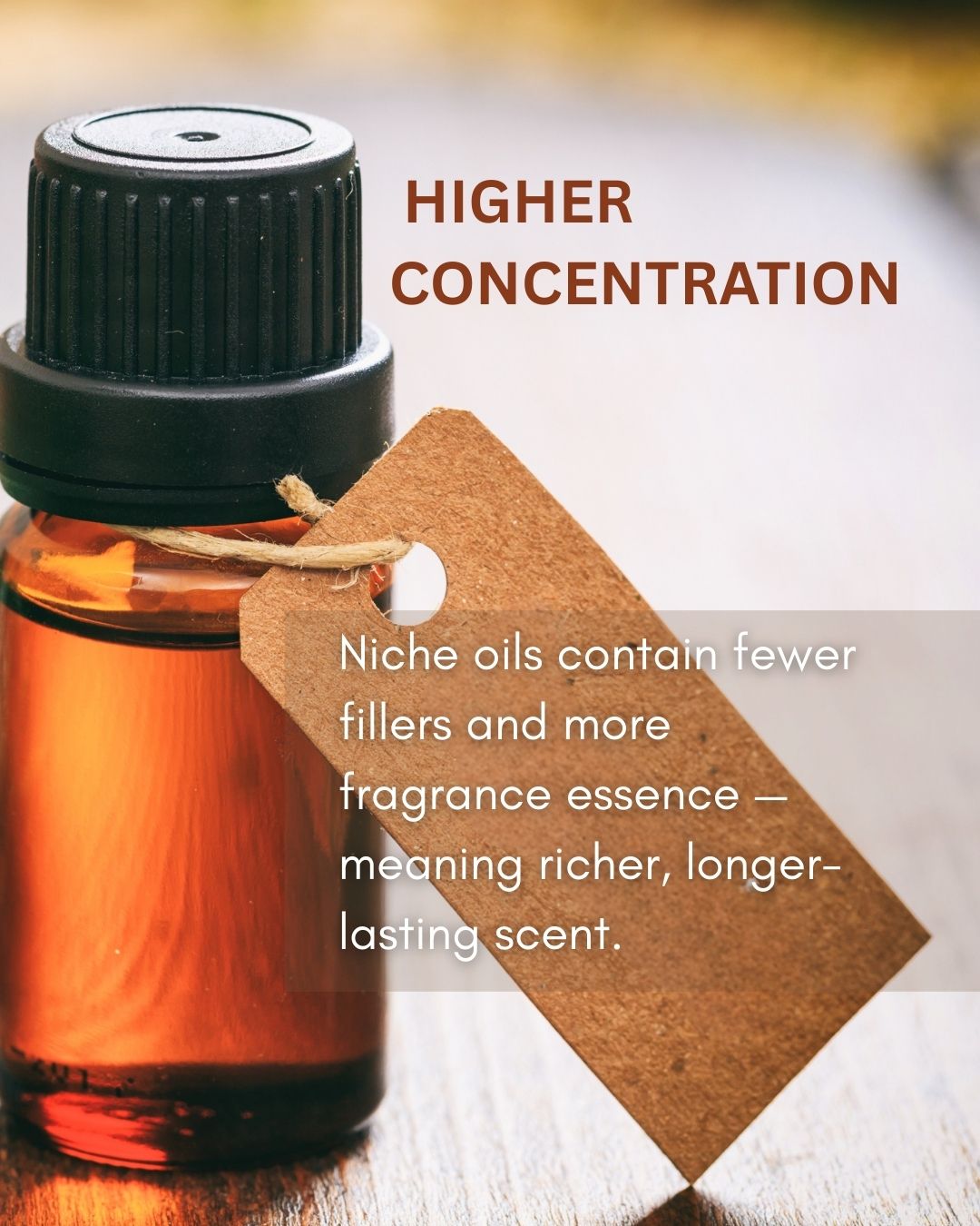 Bottle of niche oil with a tag explaining its properties on a wooden surface.